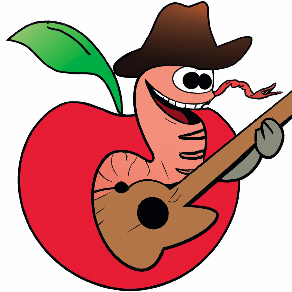 A worm with a cowboy hat coming out of an apple playing a guitar.